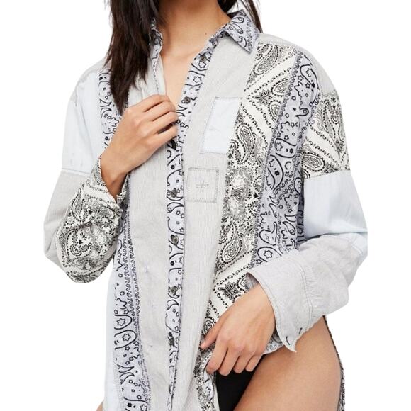 Free People All Patched Up Distressed Patchwork Shirt - Picture 1 of 16